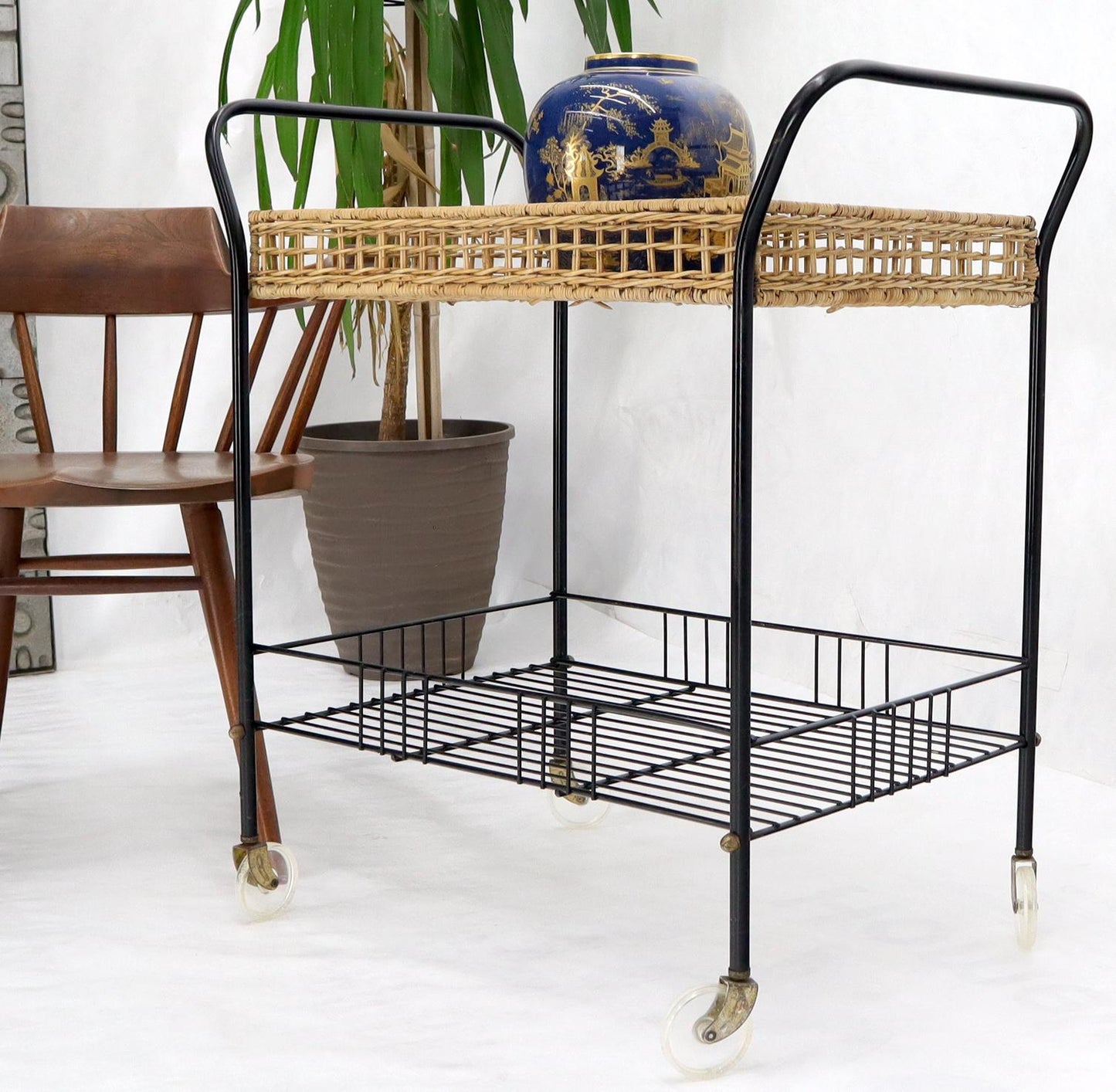 Wicker & Bent Steel Mid-Century Modern Serving Cart Side Table on Wheels