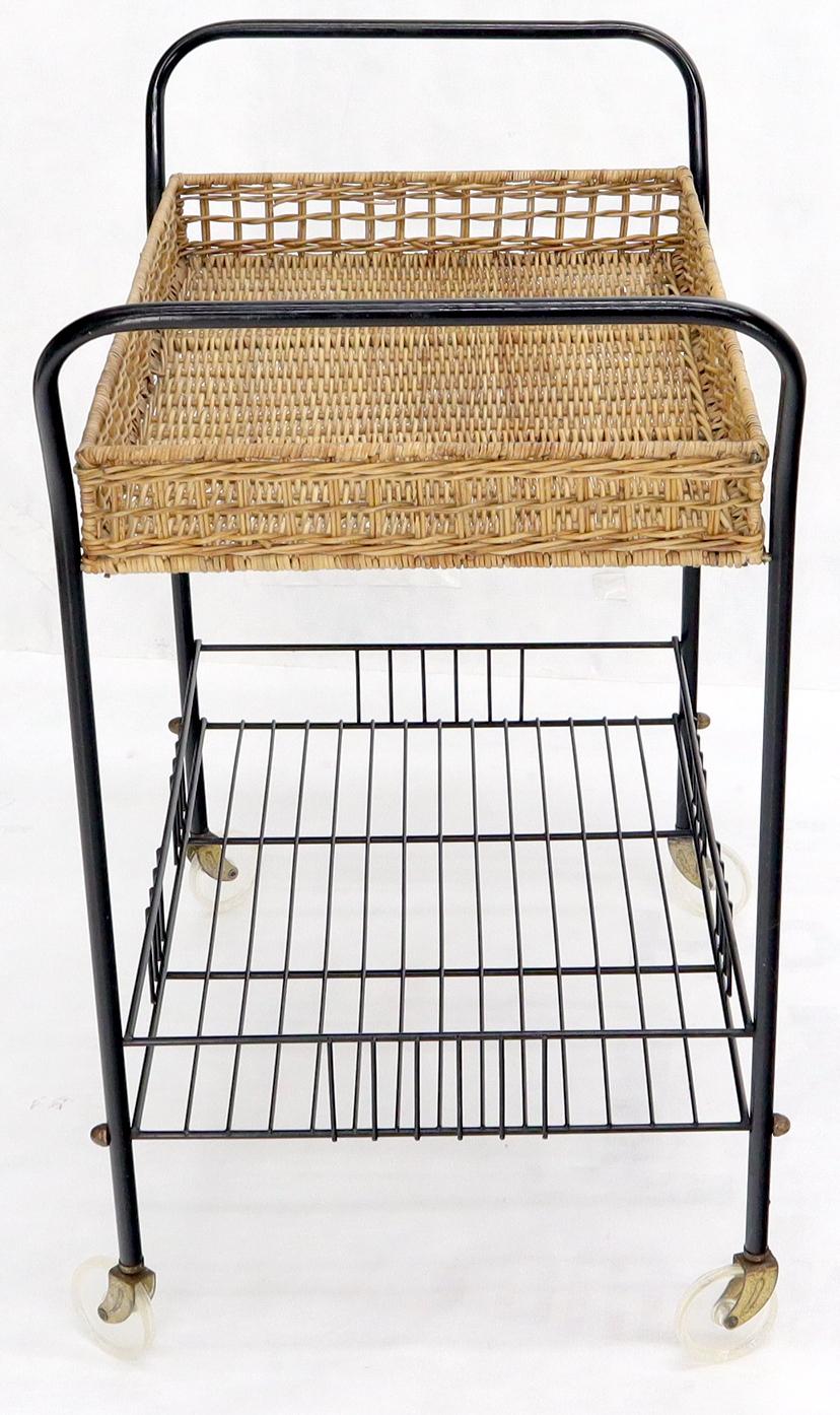 Wicker & Bent Steel Mid-Century Modern Serving Cart Side Table on Wheels