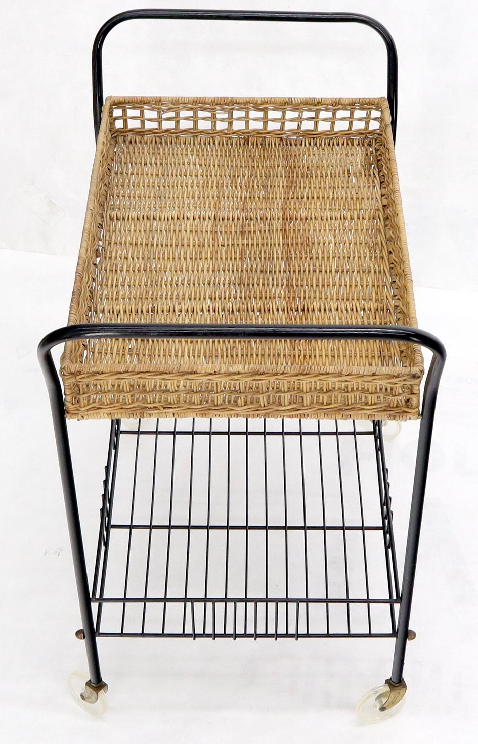 Wicker & Bent Steel Mid-Century Modern Serving Cart Side Table on Wheels