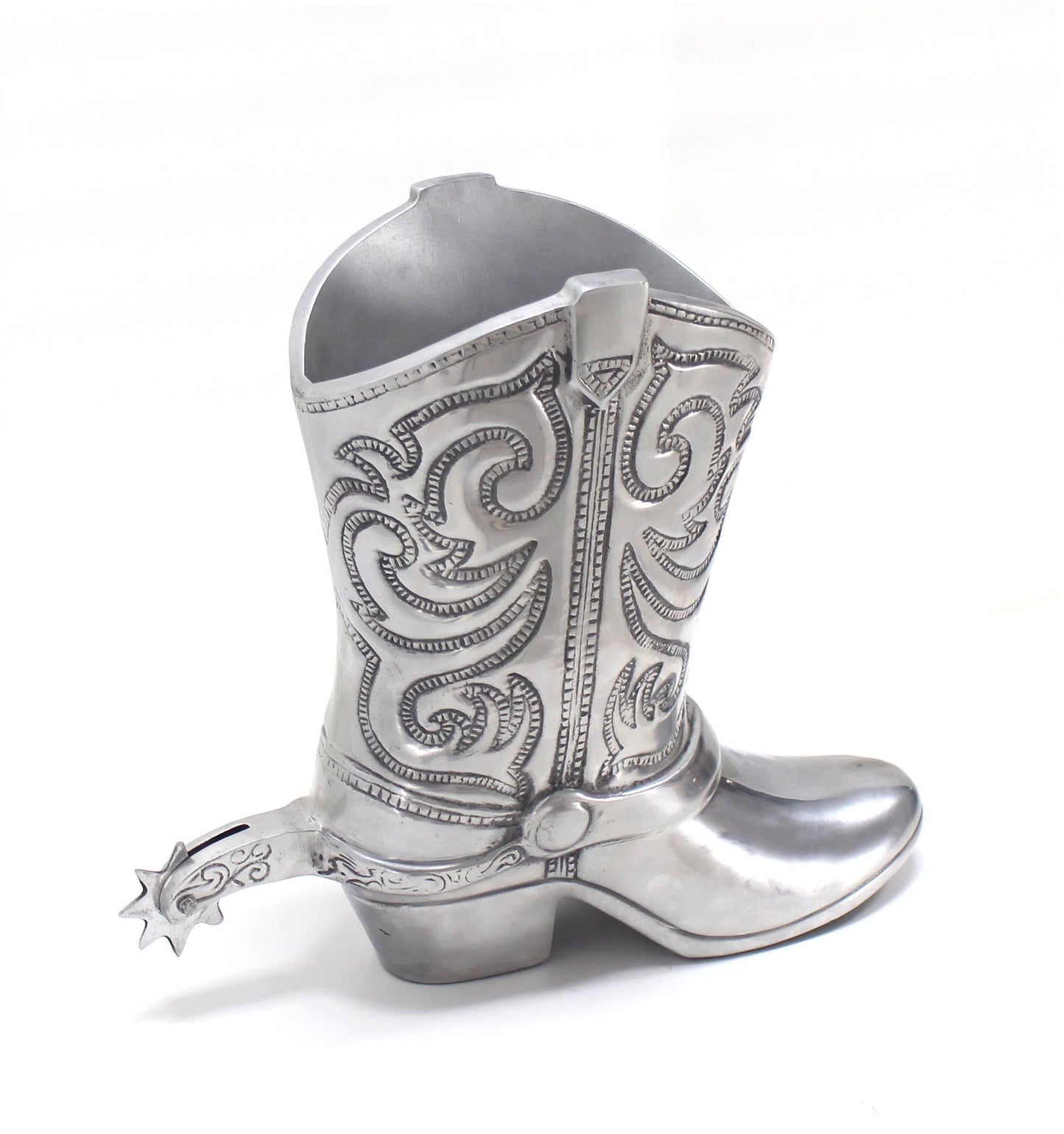 Large Cast Metal Western Boot Vase Planter Towle Silver