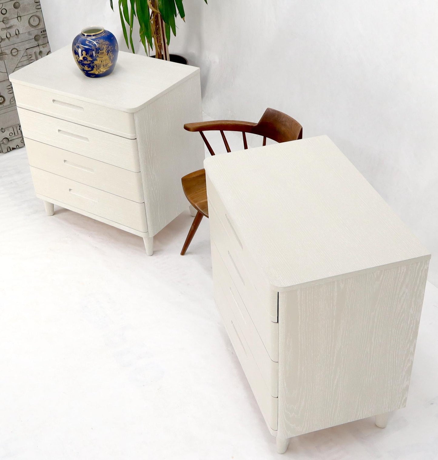 Pair of Restored Solid Oak Cerused White & Grey Finish 4 Drawers Bachelor Chests