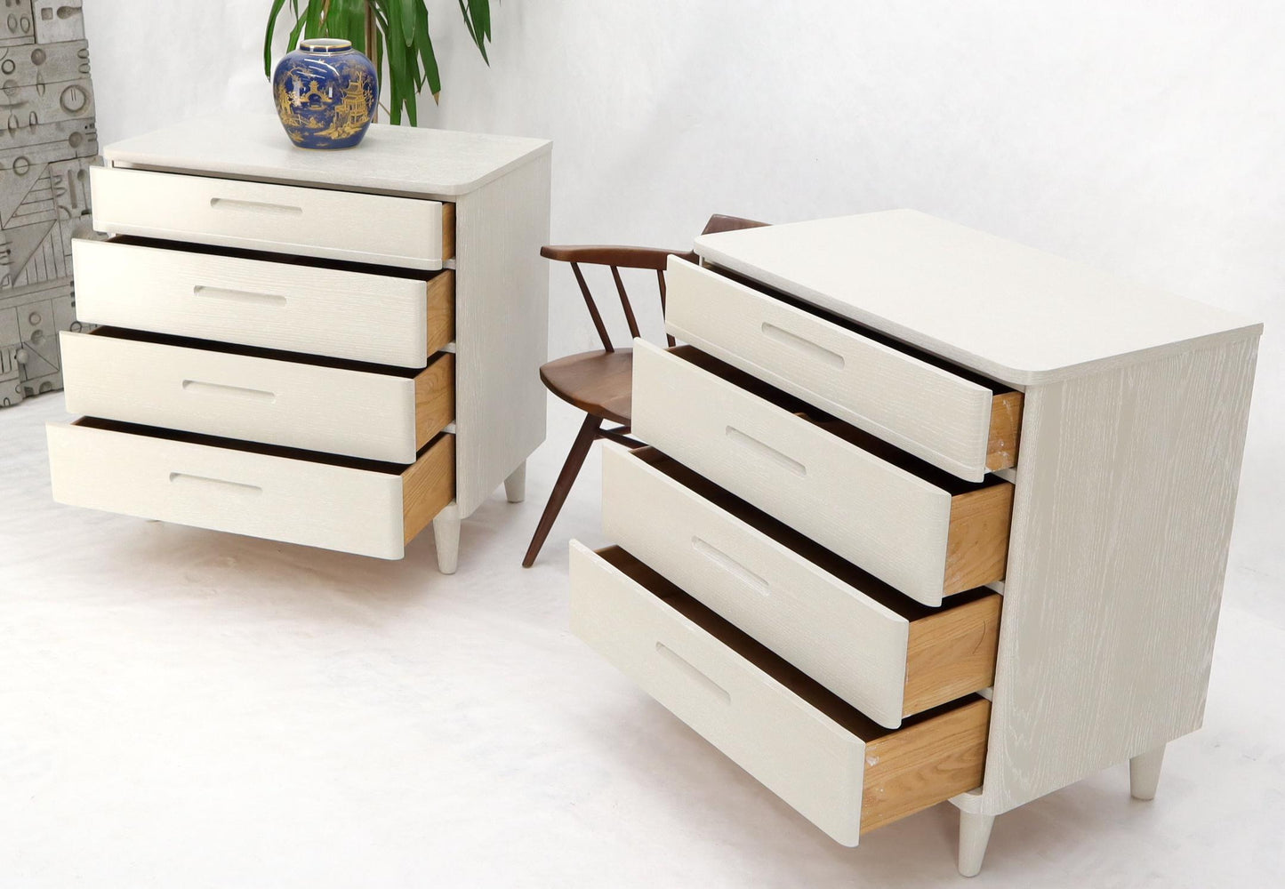 Pair of Restored Solid Oak Cerused White & Grey Finish 4 Drawers Bachelor Chests