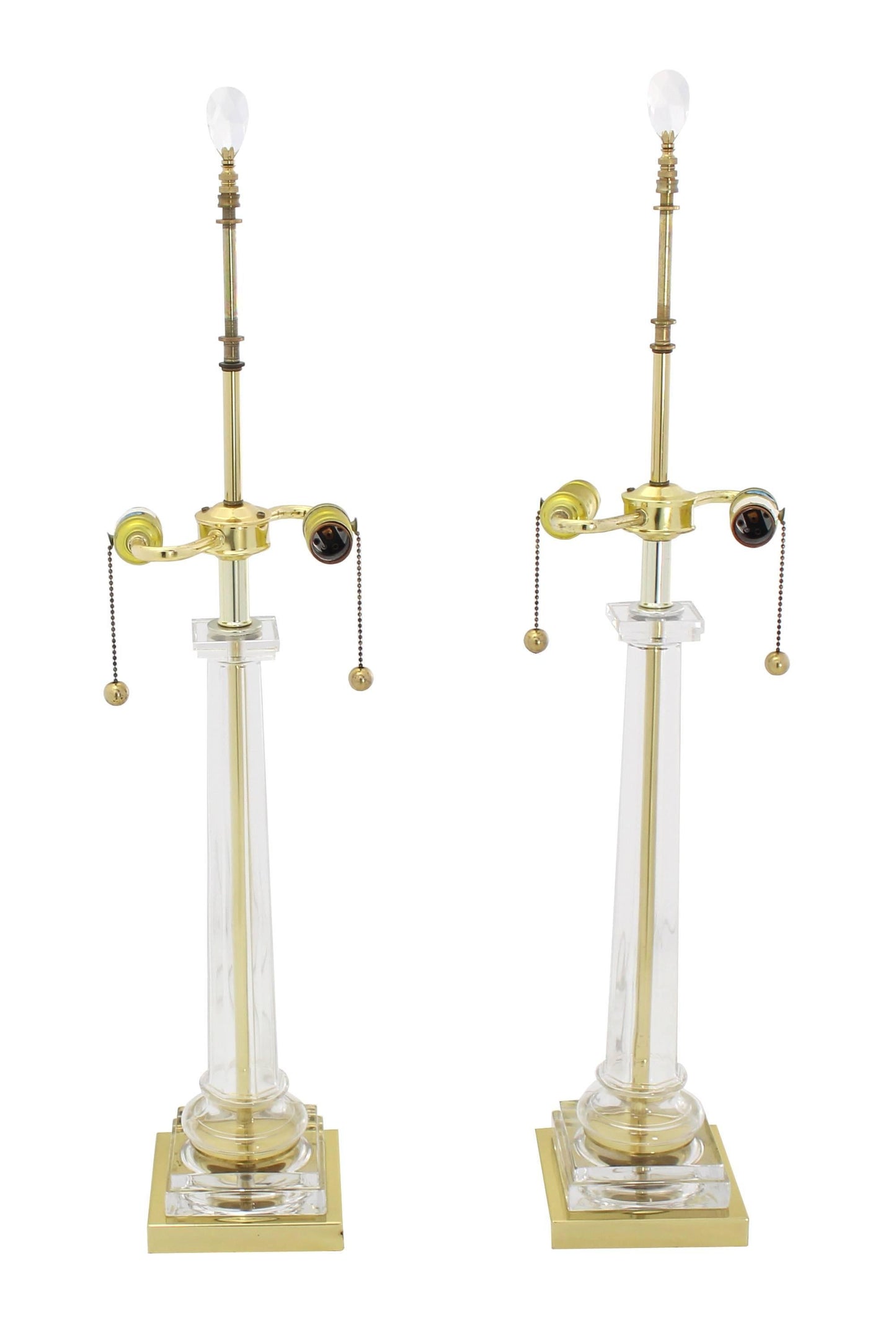 Pair of Glass Brass Tower Shape Mid Century Modern Table Lamps Crystal Finials