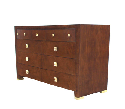 Burl Wood Walnut Brass Hardware Pulls Art Deco Dresser Cabinet Chest of Drawers