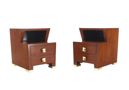 Pair of Art Deco Burl Wood End Tables Nightstands with Brass Hardware Pulls