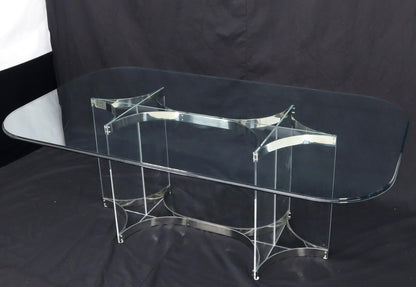 Large Glass Top Lucite & Stainless Base Rectangle Dining Table w/ Rounded Corner