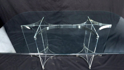 Large Glass Top Lucite & Stainless Base Rectangle Dining Table w/ Rounded Corner