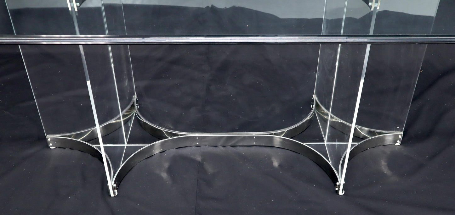 Large Glass Top Lucite & Stainless Base Rectangle Dining Table w/ Rounded Corner