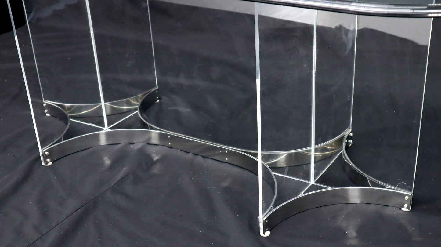 Large Glass Top Lucite & Stainless Base Rectangle Dining Table w/ Rounded Corner