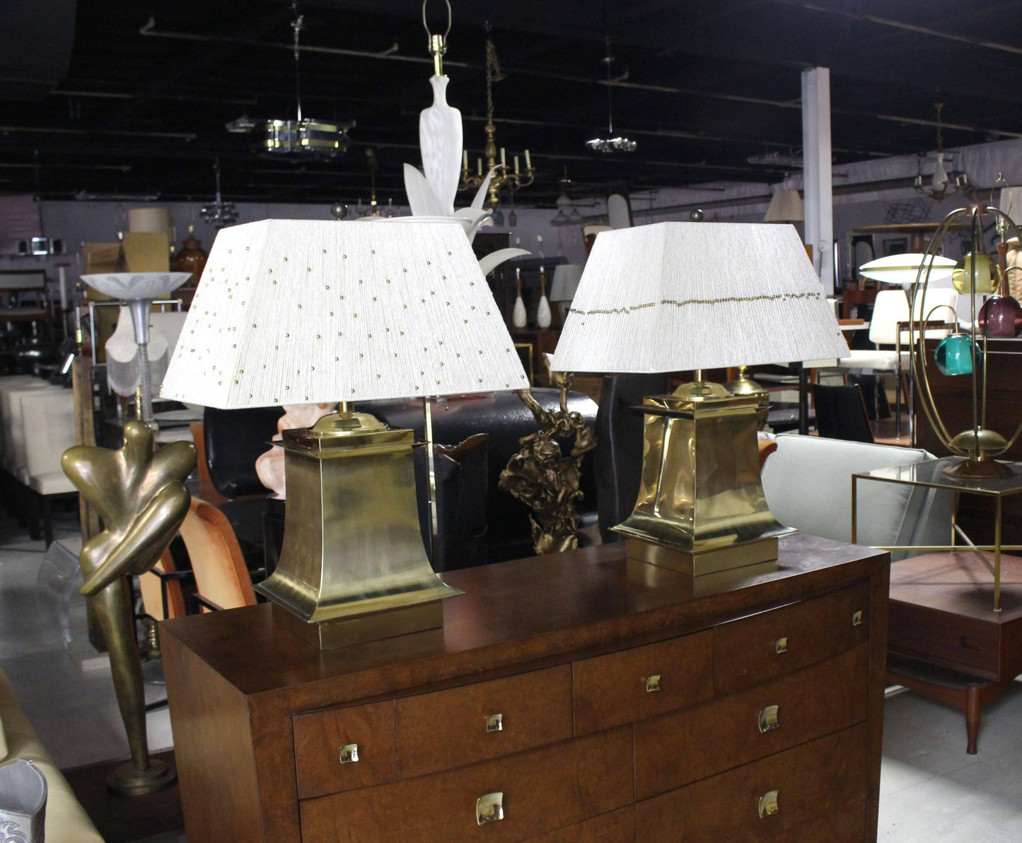 Interactive Brass Beads Shades Square Brass Bases Table Lamps Mid-Century Modern