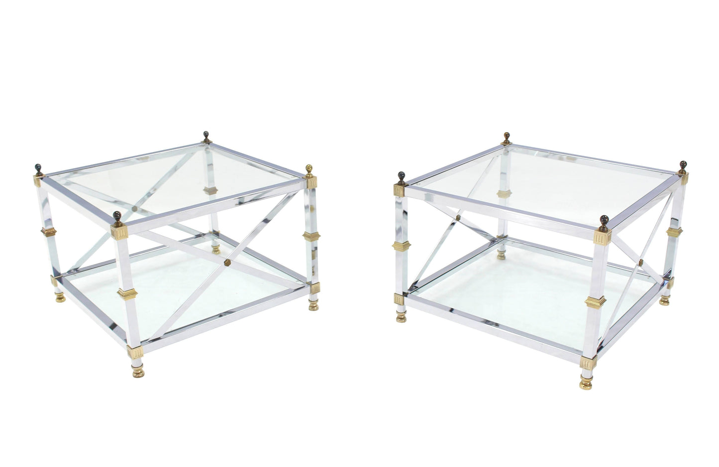 Pair of Large Square Jansen Chrome Brass Glass Side End Tables Mid-Century