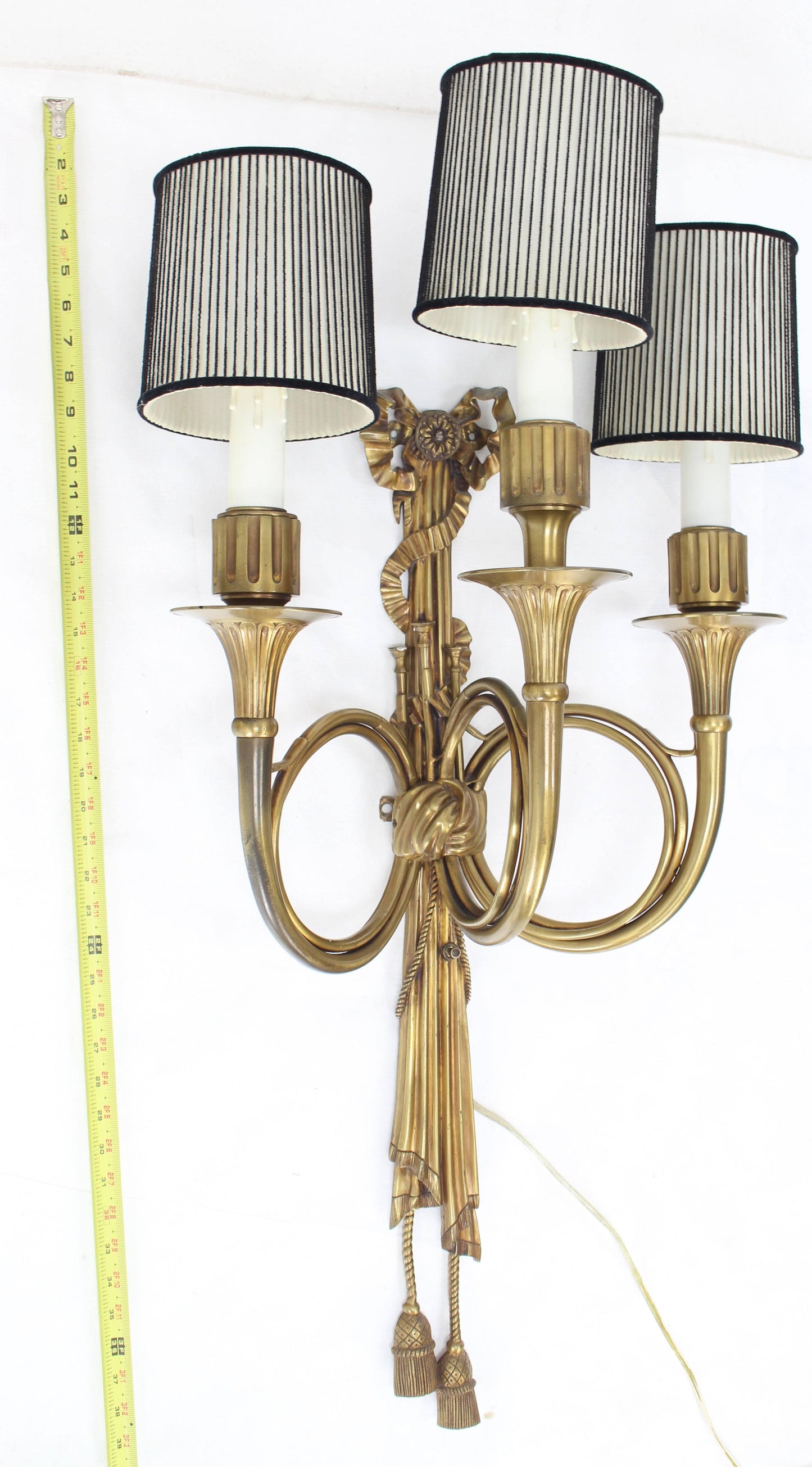 Large Heavy Bronze Triptych Sconce Ribbon Tassel Horn Shape Three Lights