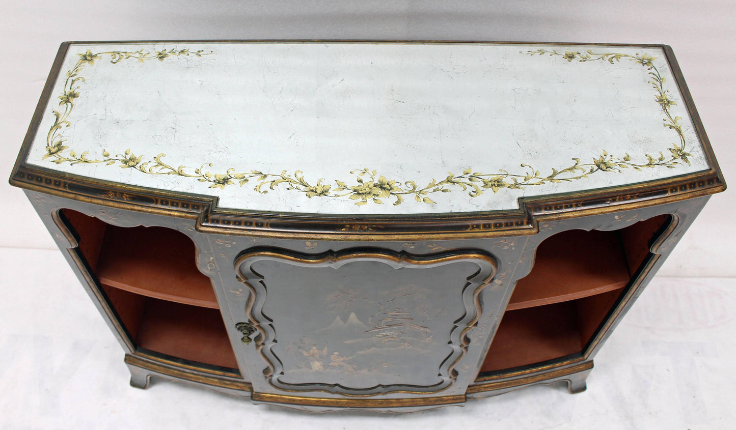 Mirrored Silver Gilt Bow Front Hand Decorated Console Cabinet Credenza Chinoiser