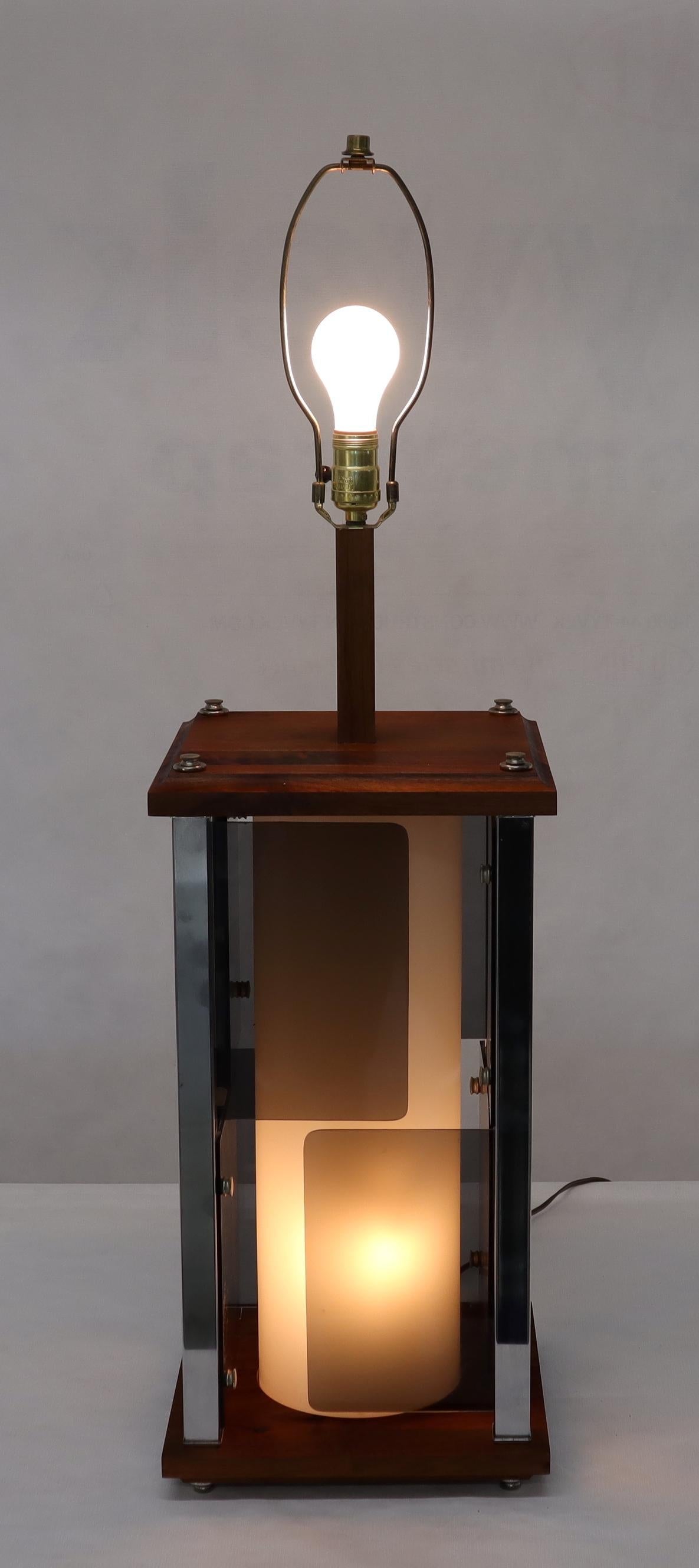 Large Mid-Century Modern Square Walnut & Lucite Table Lamp