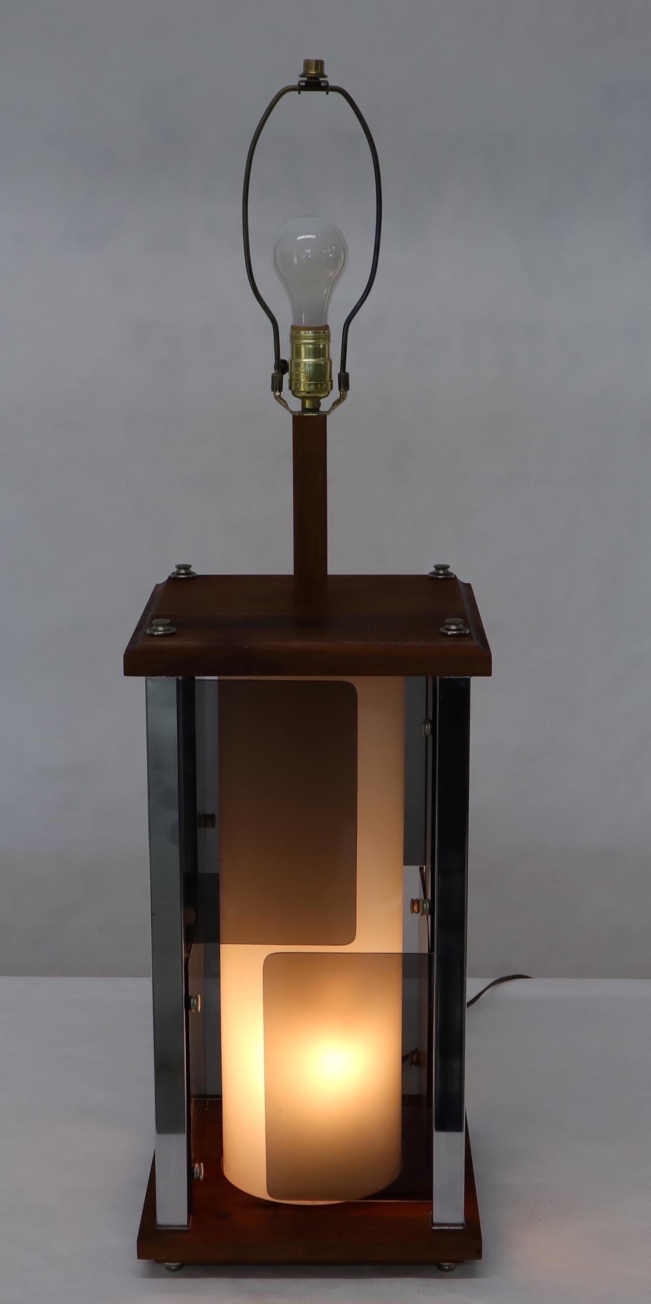 Large Mid-Century Modern Square Walnut & Lucite Table Lamp