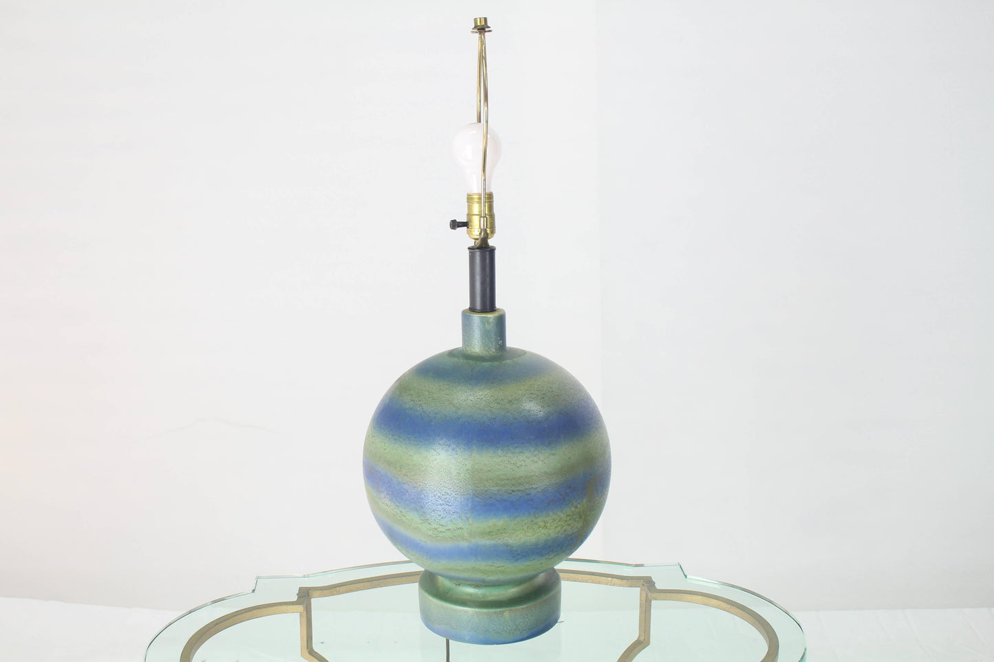 Ceramic Pottery Globe Shape Lamp Green Blue Stripes