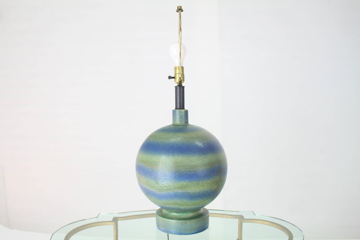 Ceramic Pottery Globe Shape Lamp Green Blue Stripes