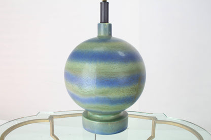 Ceramic Pottery Globe Shape Lamp Green Blue Stripes