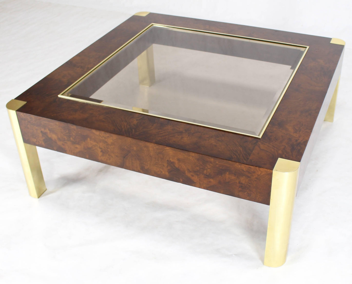 Burl Wood Brass Glass Top Square Coffee Table