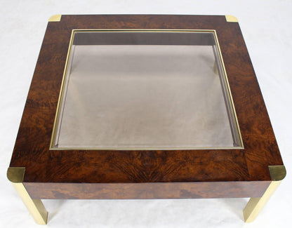 Burl Wood Brass Glass Top Square Coffee Table