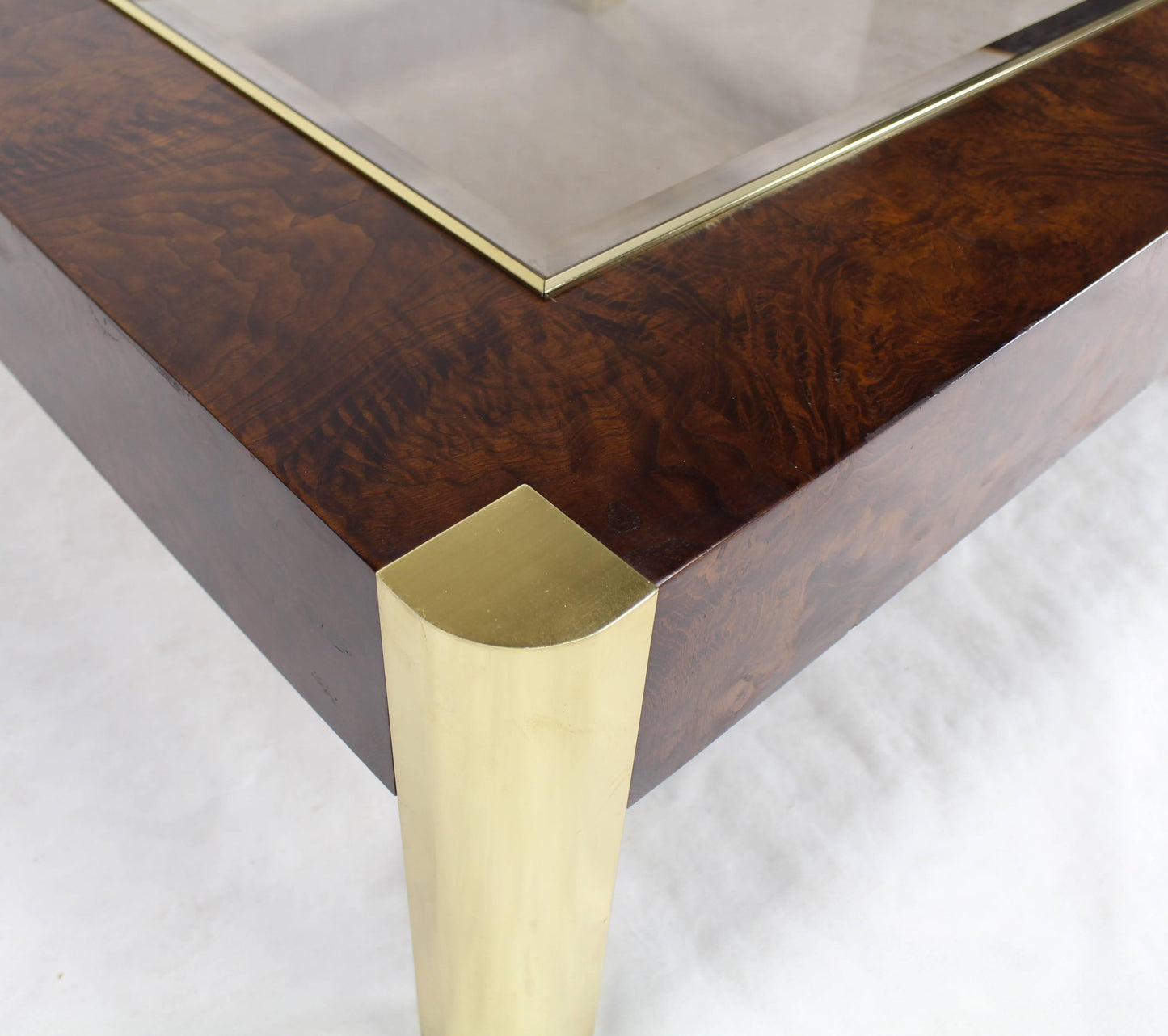 Burl Wood Brass Glass Top Square Coffee Table