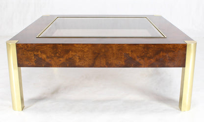 Burl Wood Brass Glass Top Square Coffee Table