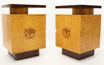 Pair of Large Mid-Century Modern Rosewood and Birdseye Maple Cabinets End Tables