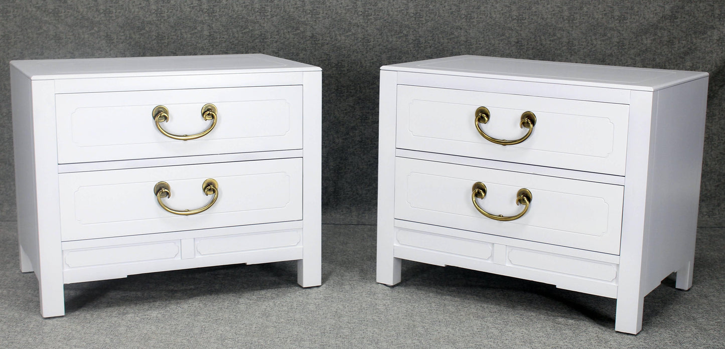 Pair of White Lacquer Brass Hardware Two-Drawer Cabinets or End Tables