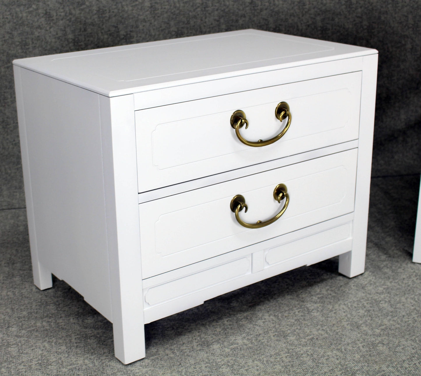 Pair of White Lacquer Brass Hardware Two-Drawer Cabinets or End Tables