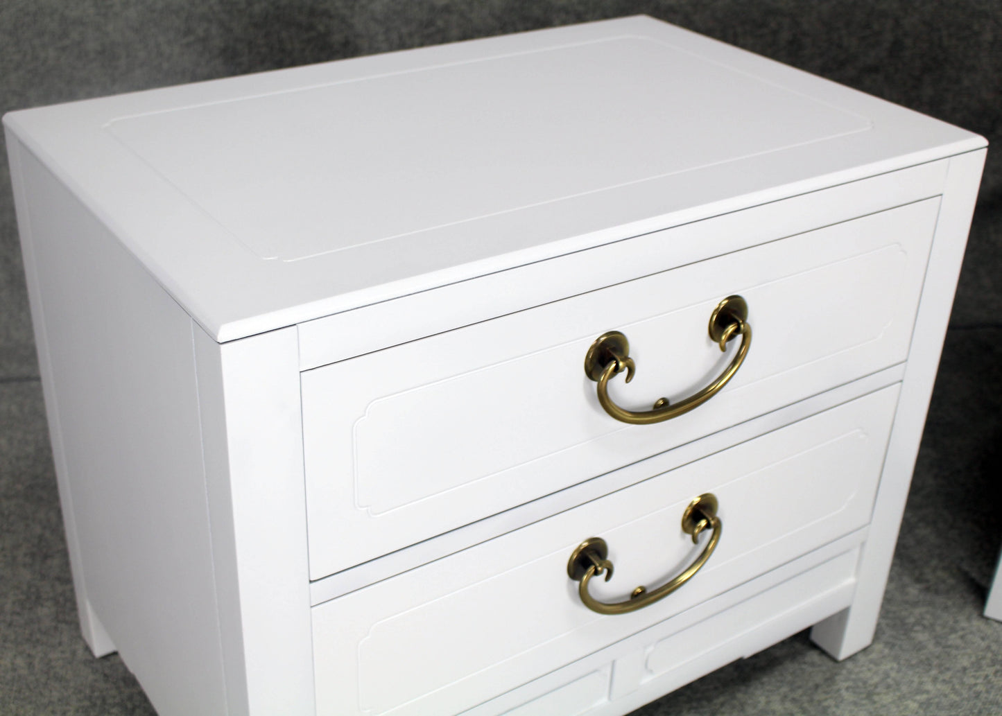 Pair of White Lacquer Brass Hardware Two-Drawer Cabinets or End Tables