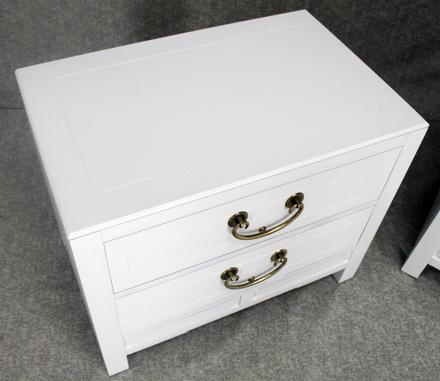 Pair of White Lacquer Brass Hardware Two-Drawer Cabinets or End Tables