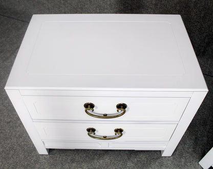 Pair of White Lacquer Brass Hardware Two-Drawer Cabinets or End Tables