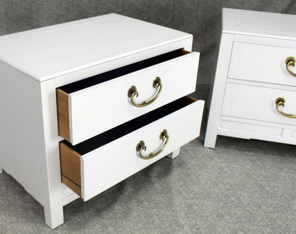 Pair of White Lacquer Brass Hardware Two-Drawer Cabinets or End Tables