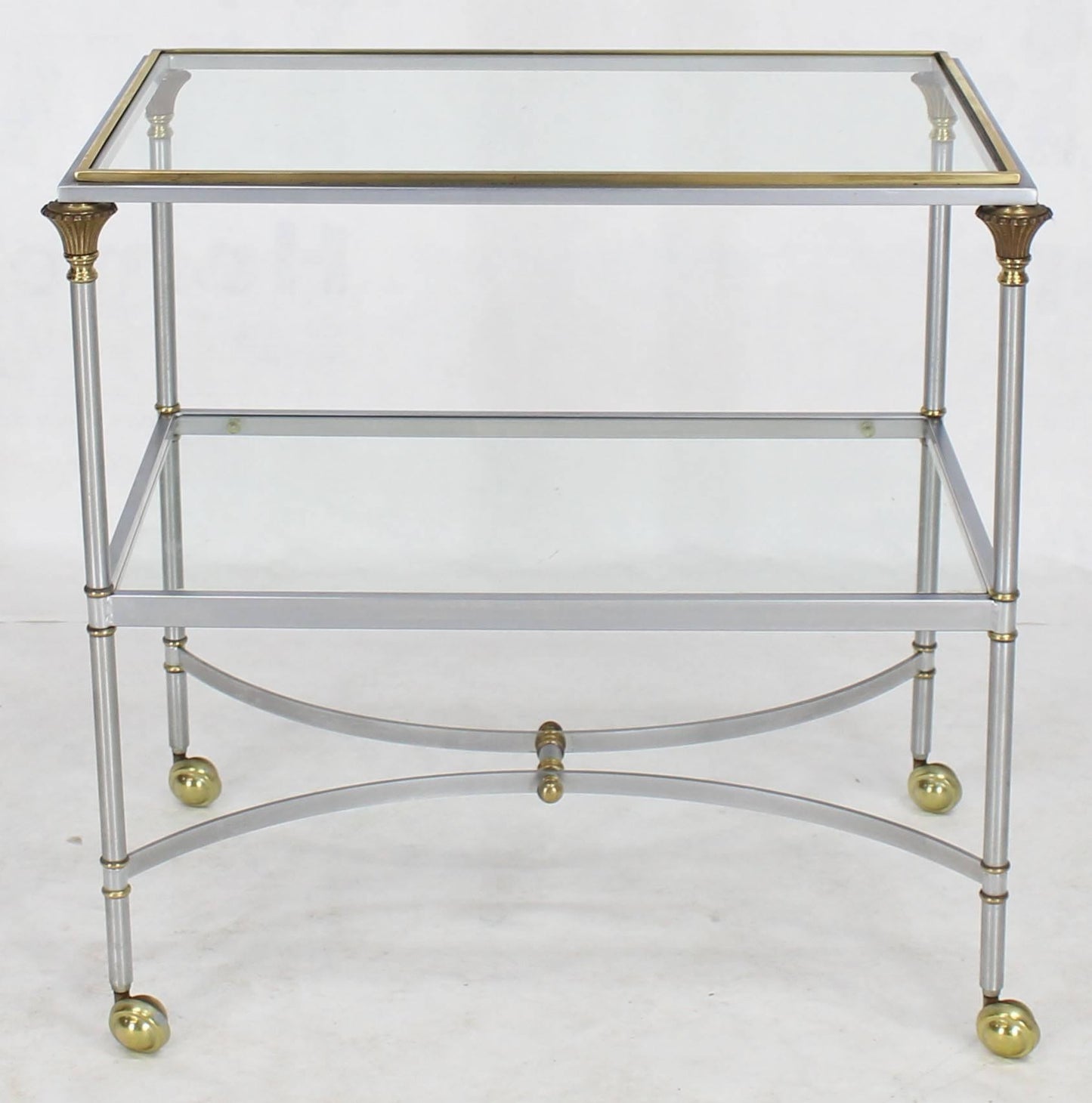 Two-Tier Brass Chrome Glass Rectangular Mid-Century Modern Serving Bar Cart