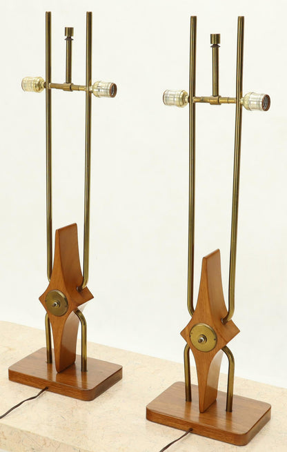 Pair of Walnut and Brass Diamond Pattern Table Lamps