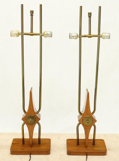 Pair of Walnut and Brass Diamond Pattern Table Lamps