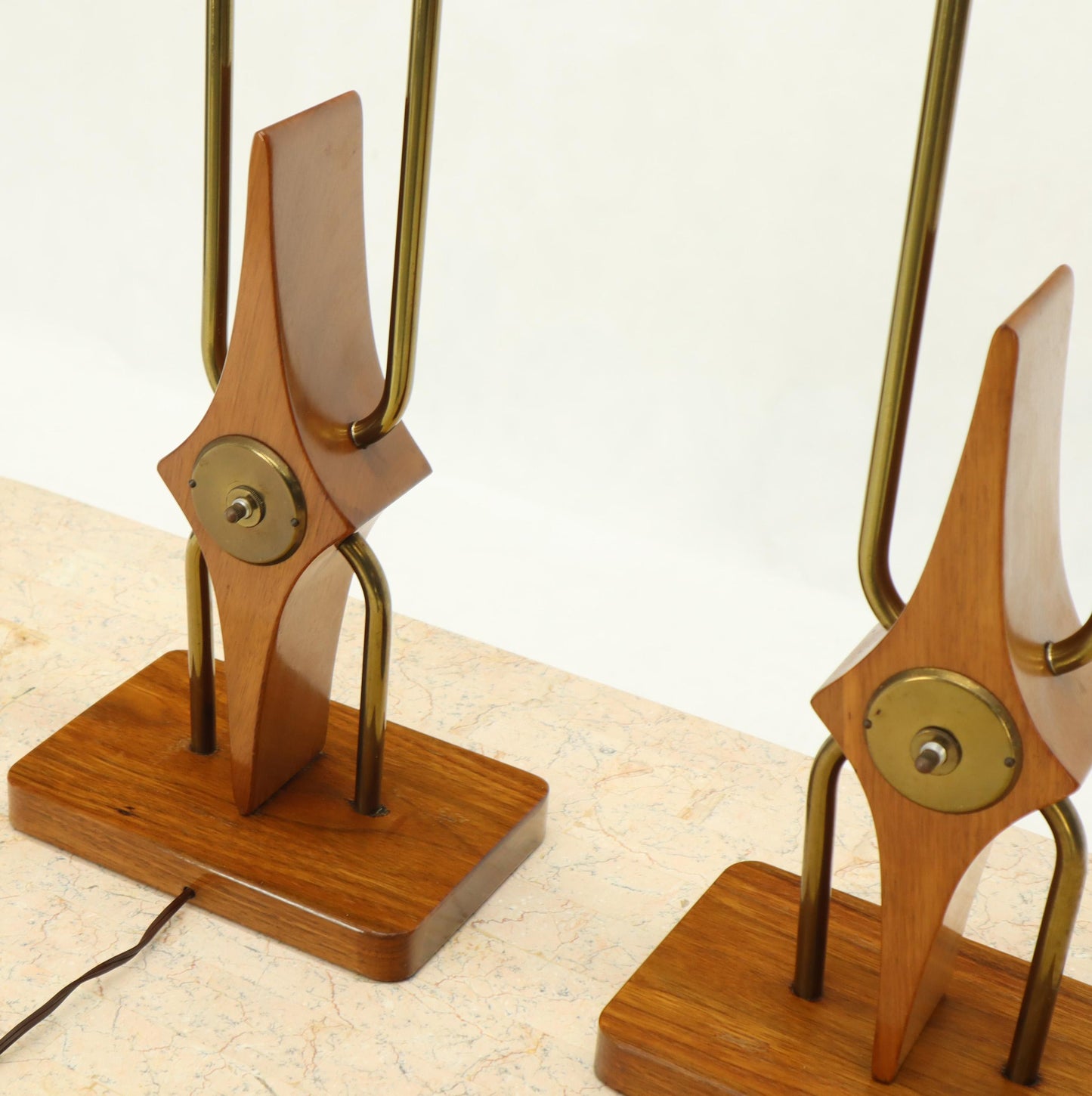 Pair of Walnut and Brass Diamond Pattern Table Lamps