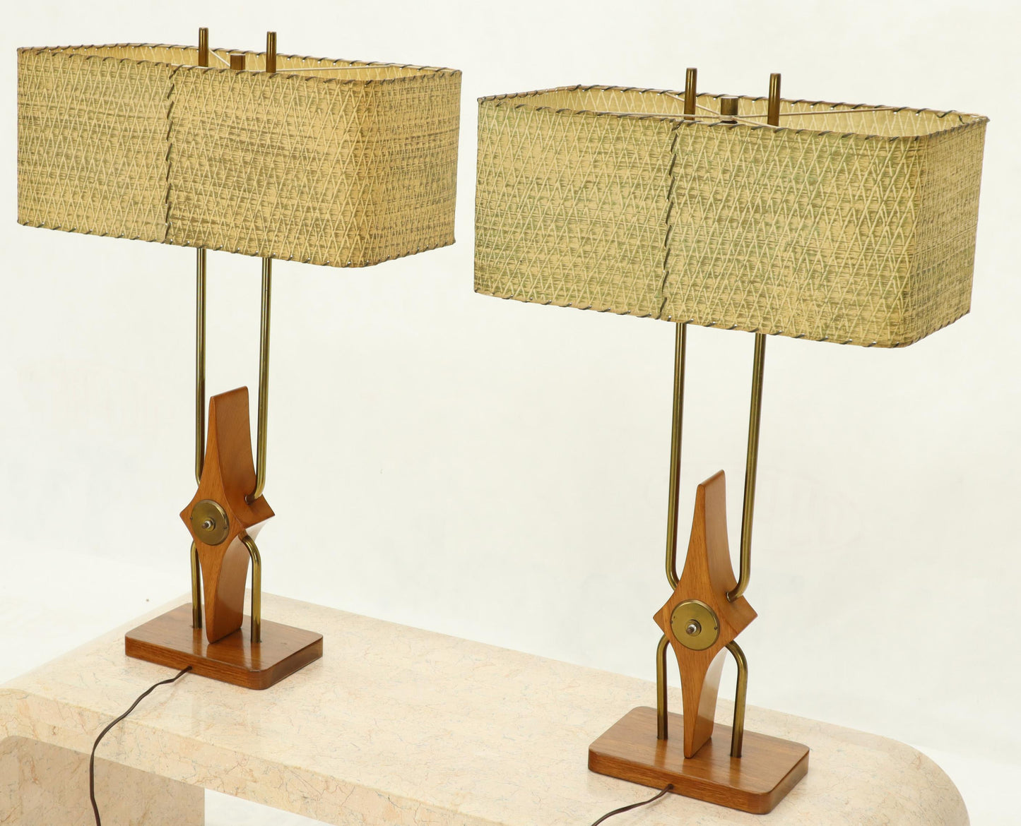 Pair of Walnut and Brass Diamond Pattern Table Lamps