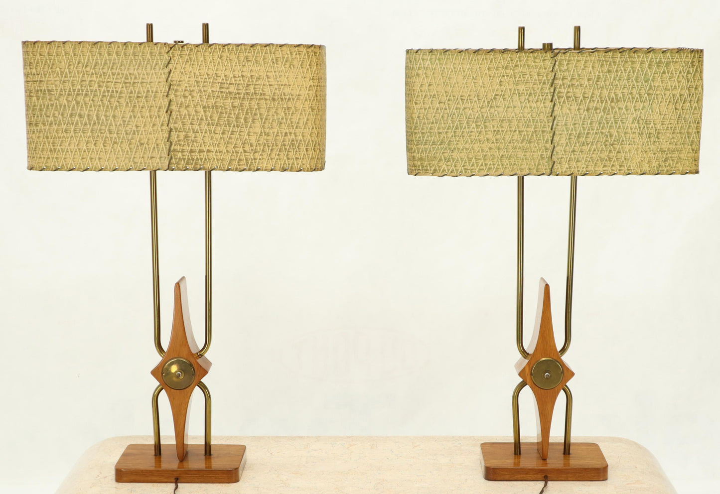 Pair of Walnut and Brass Diamond Pattern Table Lamps