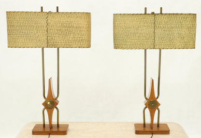 Pair of Walnut and Brass Diamond Pattern Table Lamps