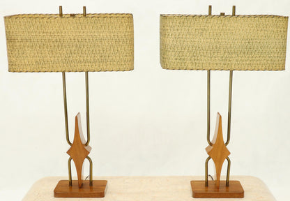 Pair of Walnut and Brass Diamond Pattern Table Lamps