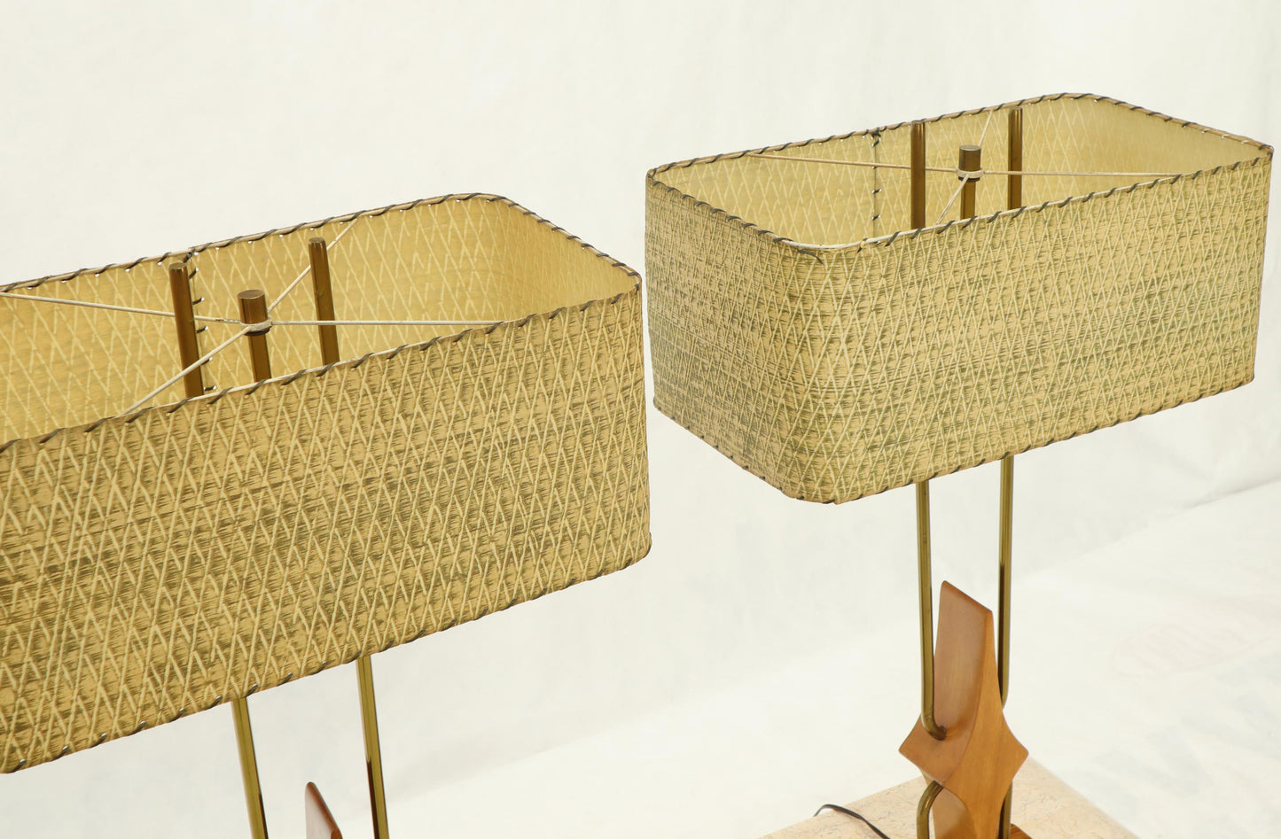 Pair of Walnut and Brass Diamond Pattern Table Lamps