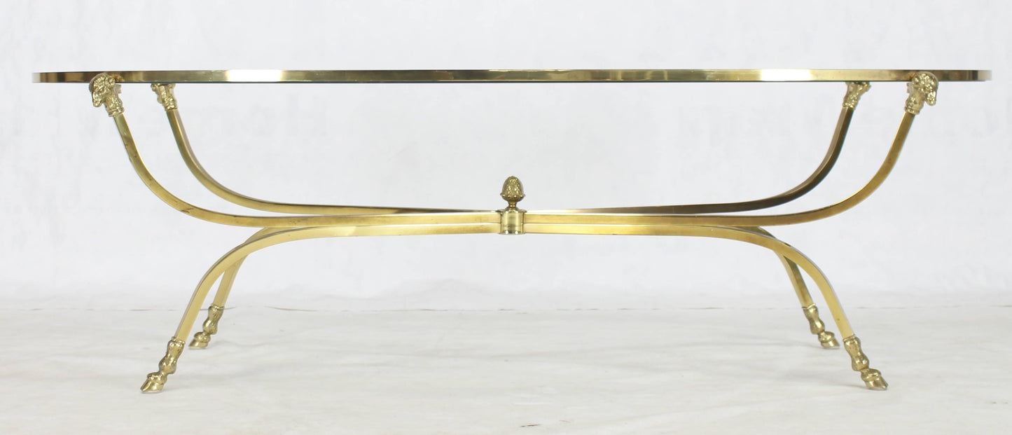 Large Oval Polished Brass Glass Top Coffee Table on Hoof Foot