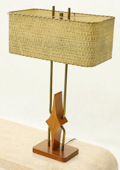 Pair of Walnut and Brass Diamond Pattern Table Lamps