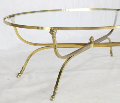 Large Oval Polished Brass Glass Top Coffee Table on Hoof Foot