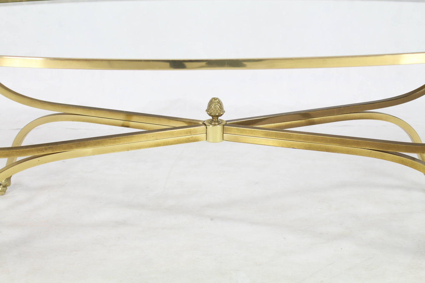 Large Oval Polished Brass Glass Top Coffee Table on Hoof Foot