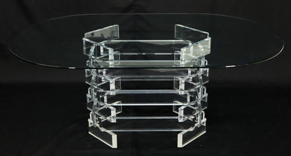 Racetrack Oval Glass Top Stacked Lucite Blocks Base Dining Table