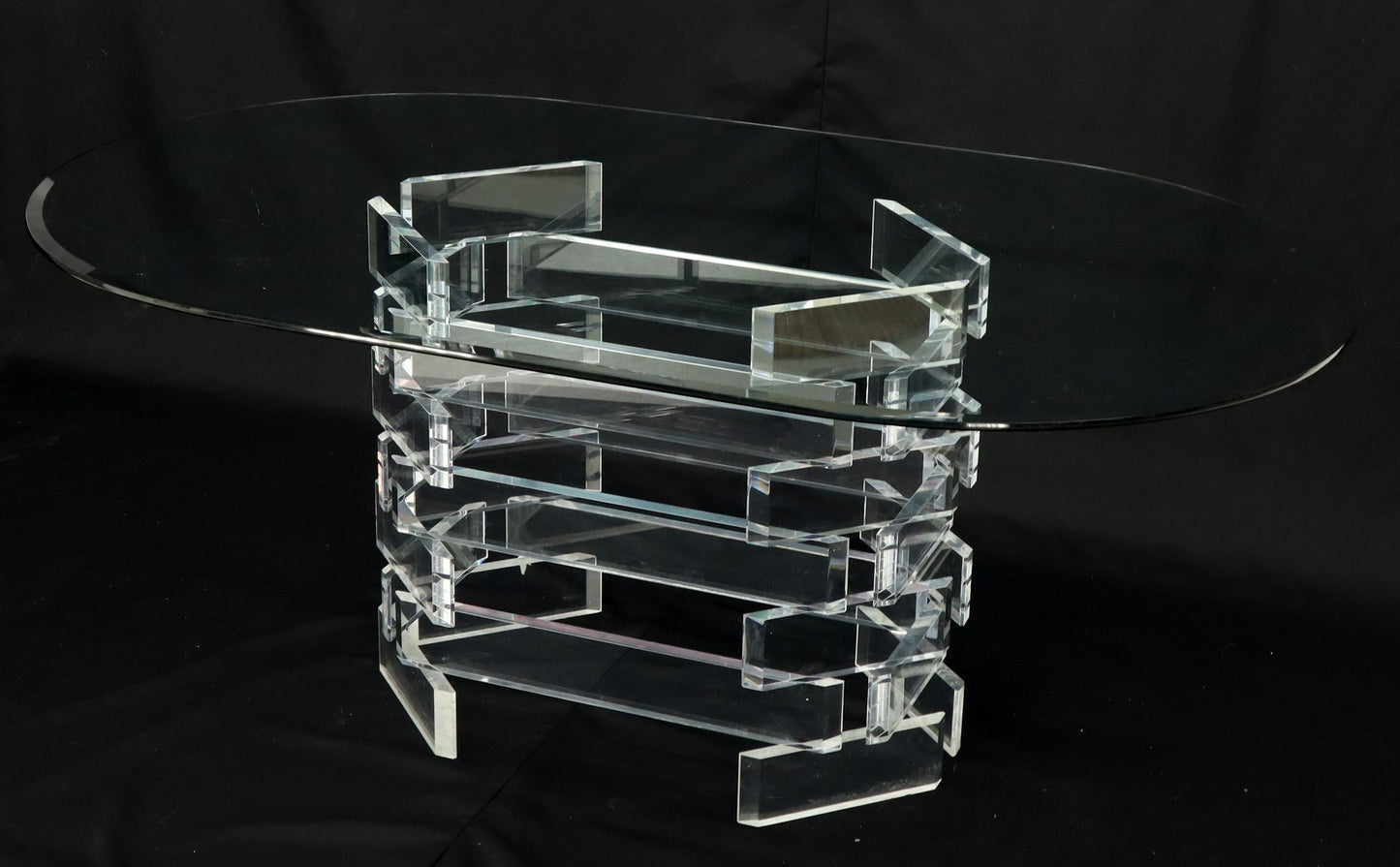 Racetrack Oval Glass Top Stacked Lucite Blocks Base Dining Table