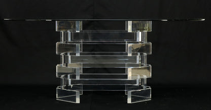 Racetrack Oval Glass Top Stacked Lucite Blocks Base Dining Table