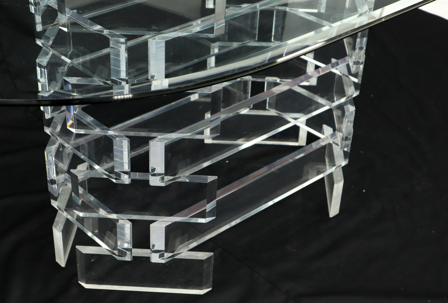 Racetrack Oval Glass Top Stacked Lucite Blocks Base Dining Table